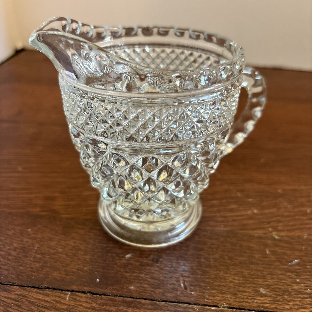 Vintage EAPG Clear Pressed Glass Creamer Diamond Point Sawtooth Pattern 4 inch‎